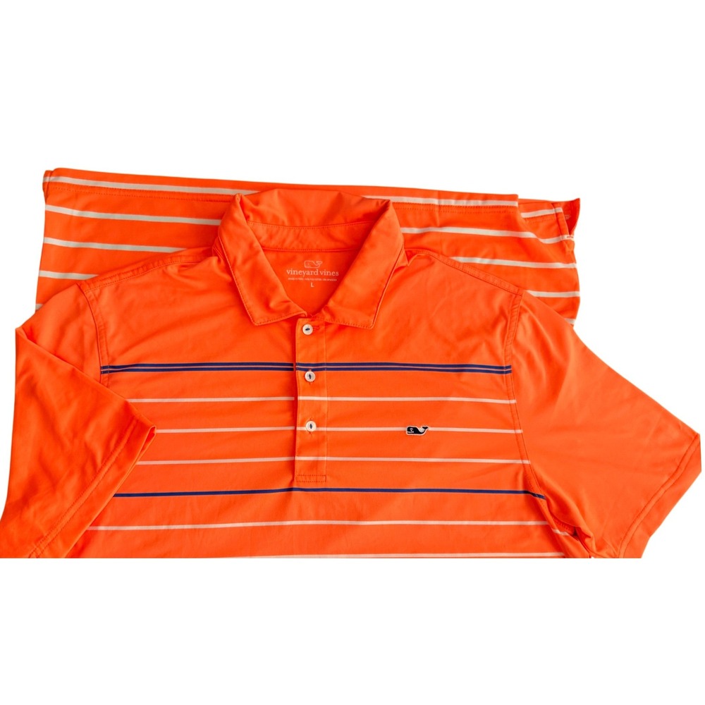 Vineyard Vines Polo Mens L Orange Performance Striped Preppy Coastal Golf Shirt - Picture 8 of 8